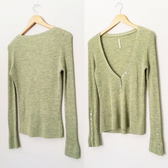 Free People Sweaters - Free People Ribbed Knit Thermal Button Cuffs Sweater Top L Wool Blend Sage Green
